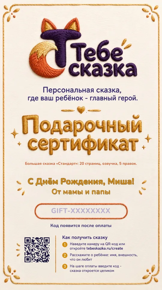 Пример подарочного сертификата на сказку