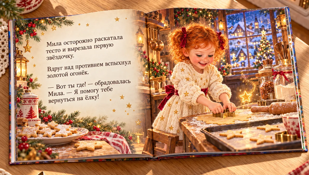 Разворот книги: слева текст сказки, справа Мила печёт звёздочки