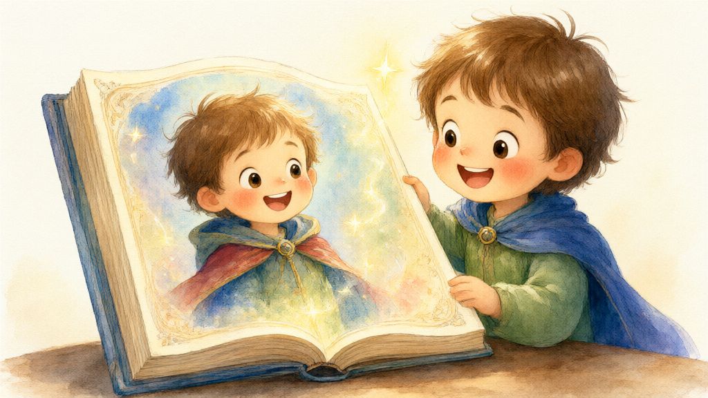 Акварель: ребёнок открывает большую книгу, на страницах которой нарисован он сам