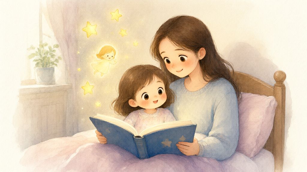 Акварель: мама читает сказку дочке, над книгой парят звёзды и маленькая фигурка девочки