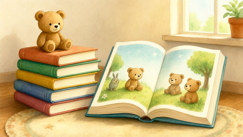 Акварель: стопка детских книжек с яркими обложками и раскрытая книга с иллюстрацией
