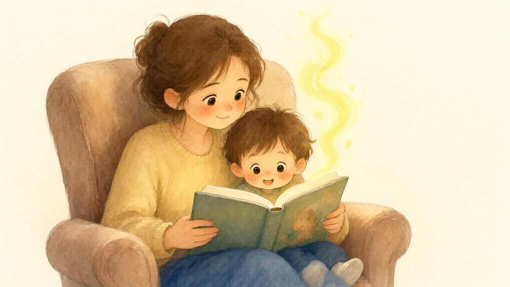 Акварель: мама и ребёнок читают книгу в уютном кресле, над книгой светится тёплый огонёк