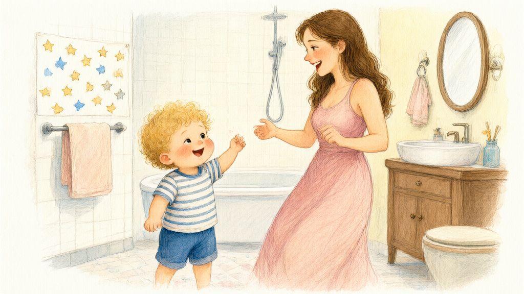 Акварель: лист со звёздочками-наклейками на стене детской ванной