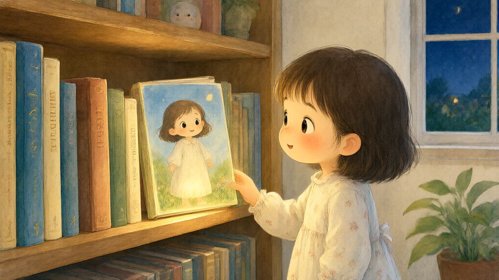 Акварель: ночью на книжной полке оживают книги, девочка в ночнушке смотрит на них